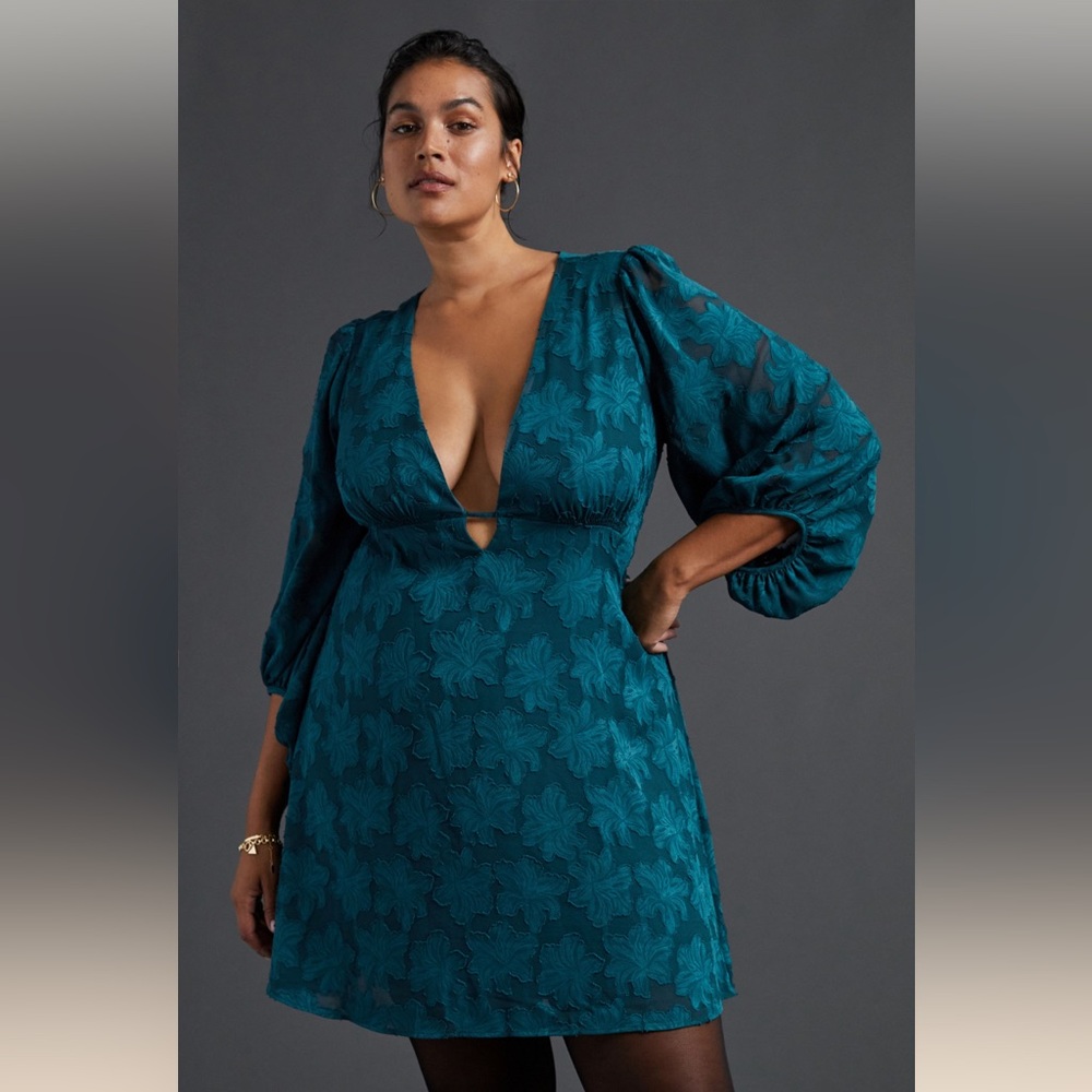 Anthropologie Jacquard Tunic Dress 18W $148 Green Teal Puff Sleeve